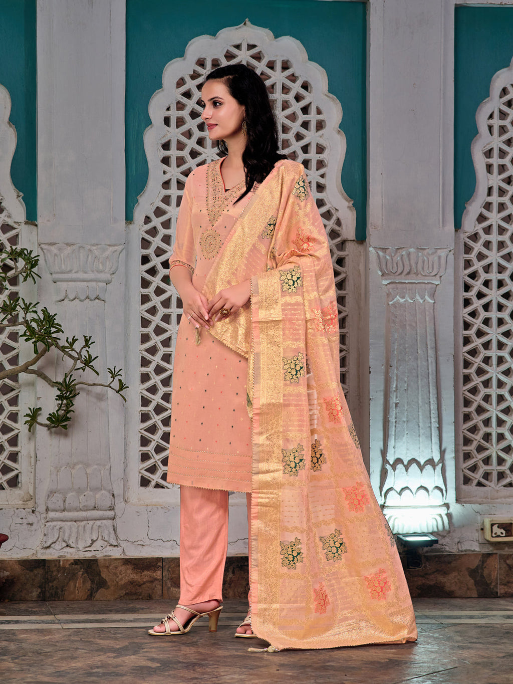 Embroidered Jacquard Silk Kurta With Pant & Jacquard Banarasi Dupatta, Peach - Hiral Fashion | Grocsy