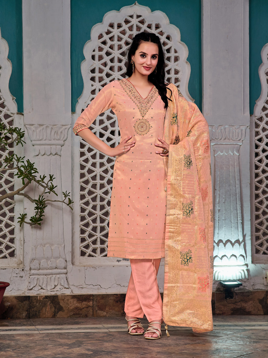 Embroidered Jacquard Silk Kurta With Pant & Jacquard Banarasi Dupatta, Peach - Hiral Fashion | Grocsy