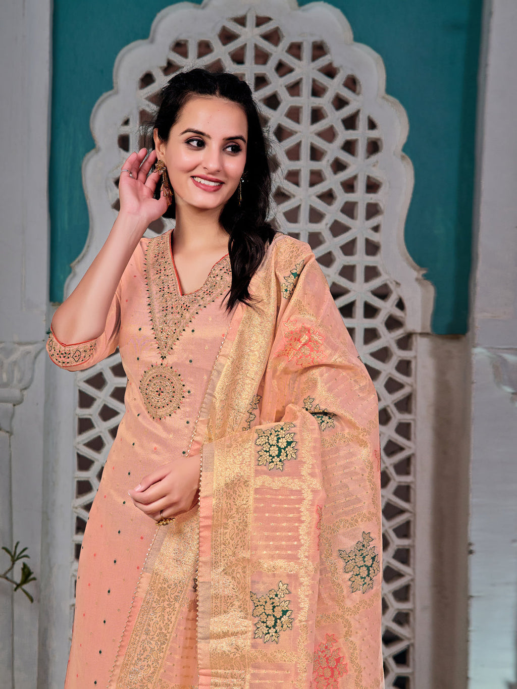 Embroidered Jacquard Silk Kurta With Pant & Jacquard Banarasi Dupatta, Peach - Hiral Fashion | Grocsy