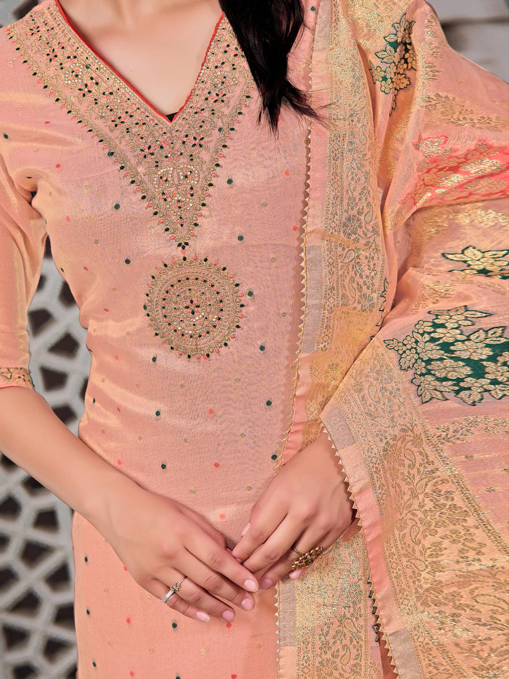 Embroidered Jacquard Silk Kurta With Pant & Jacquard Banarasi Dupatta, Peach - Hiral Fashion | Grocsy