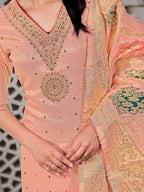 Embroidered Jacquard Silk Kurta With Pant & Jacquard Banarasi Dupatta, Peach - Hiral Fashion | Grocsy