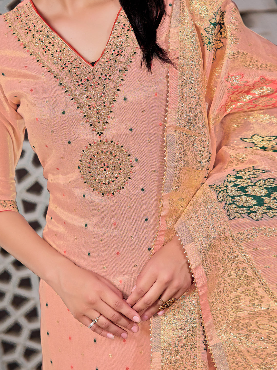 Embroidered Jacquard Silk Kurta With Pant & Jacquard Banarasi Dupatta, Peach - Hiral Fashion | Grocsy