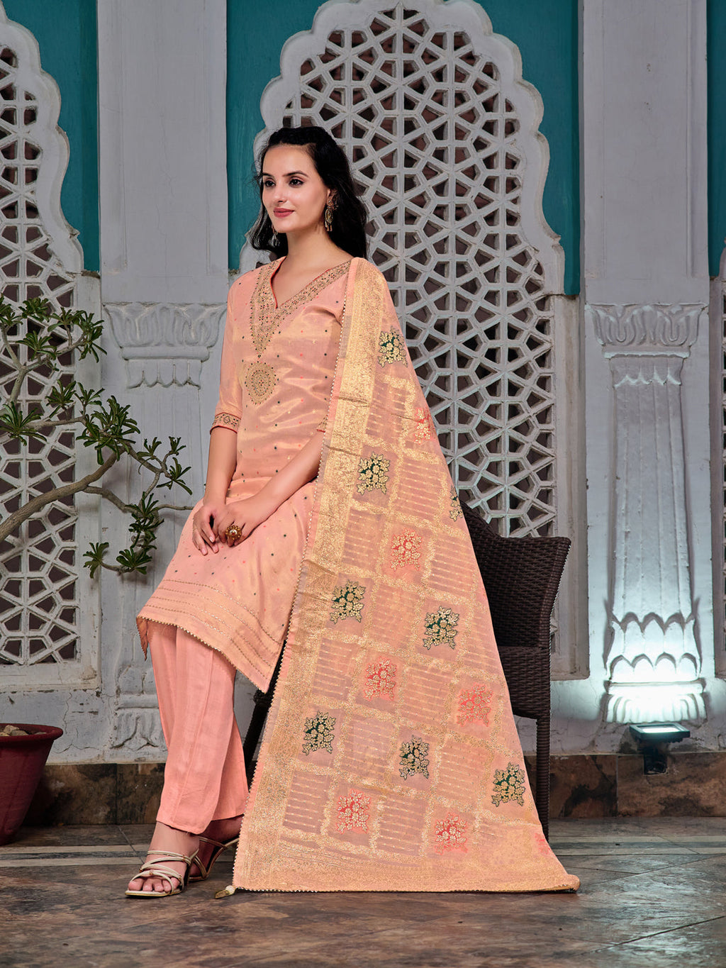 Embroidered Jacquard Silk Kurta With Pant & Jacquard Banarasi Dupatta, Peach - Hiral Fashion | Grocsy