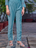 Embroidered Kurta With Pant & Printed Organza Dupatta, Blue - Hiral Fashion | Grocsy