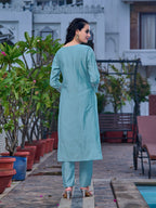 Embroidered Kurta With Pant & Printed Organza Dupatta, Blue - Hiral Fashion | Grocsy