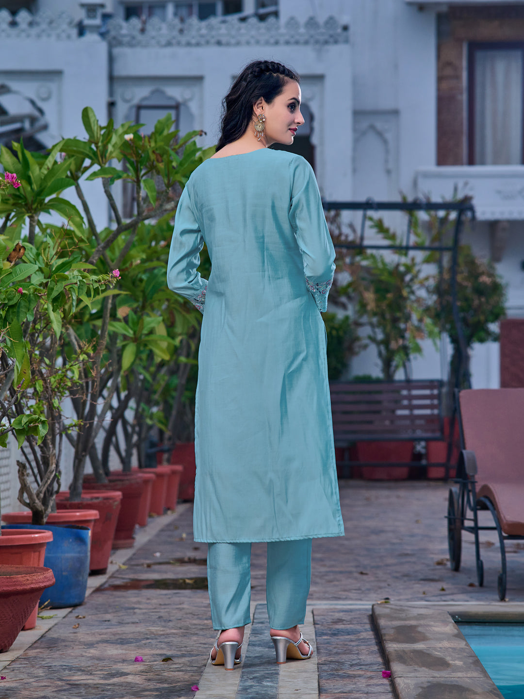 Embroidered Kurta With Pant & Printed Organza Dupatta, Blue - Hiral Fashion | Grocsy