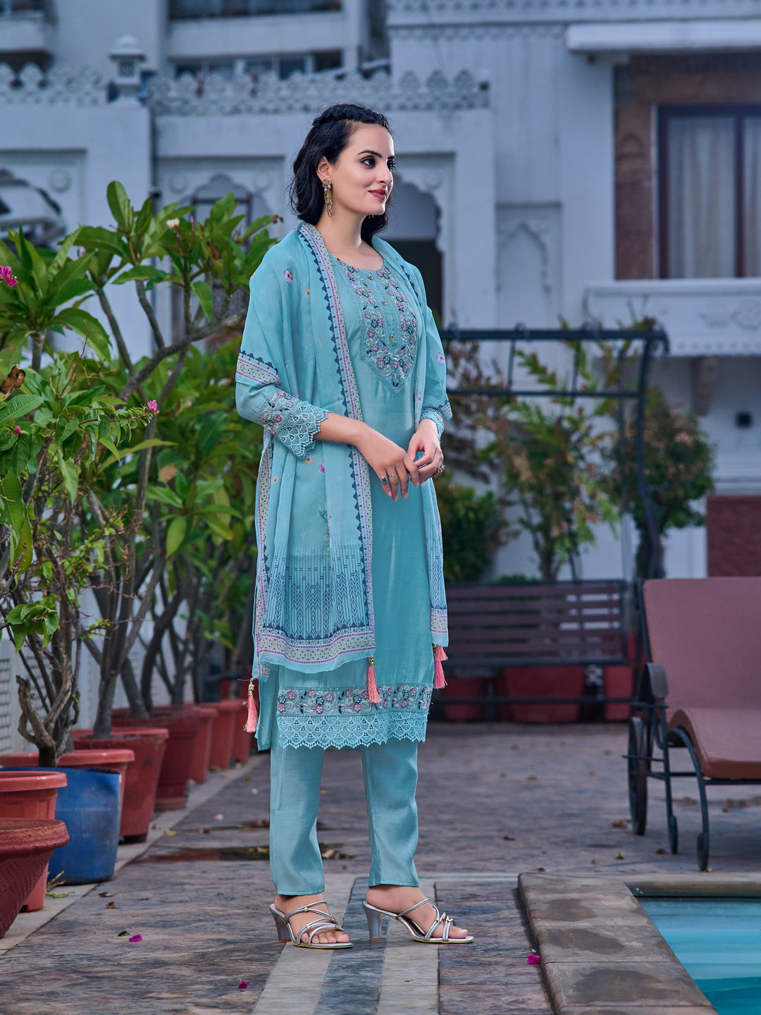 Embroidered Kurta With Pant & Printed Organza Dupatta, Blue - Hiral Fashion | Grocsy