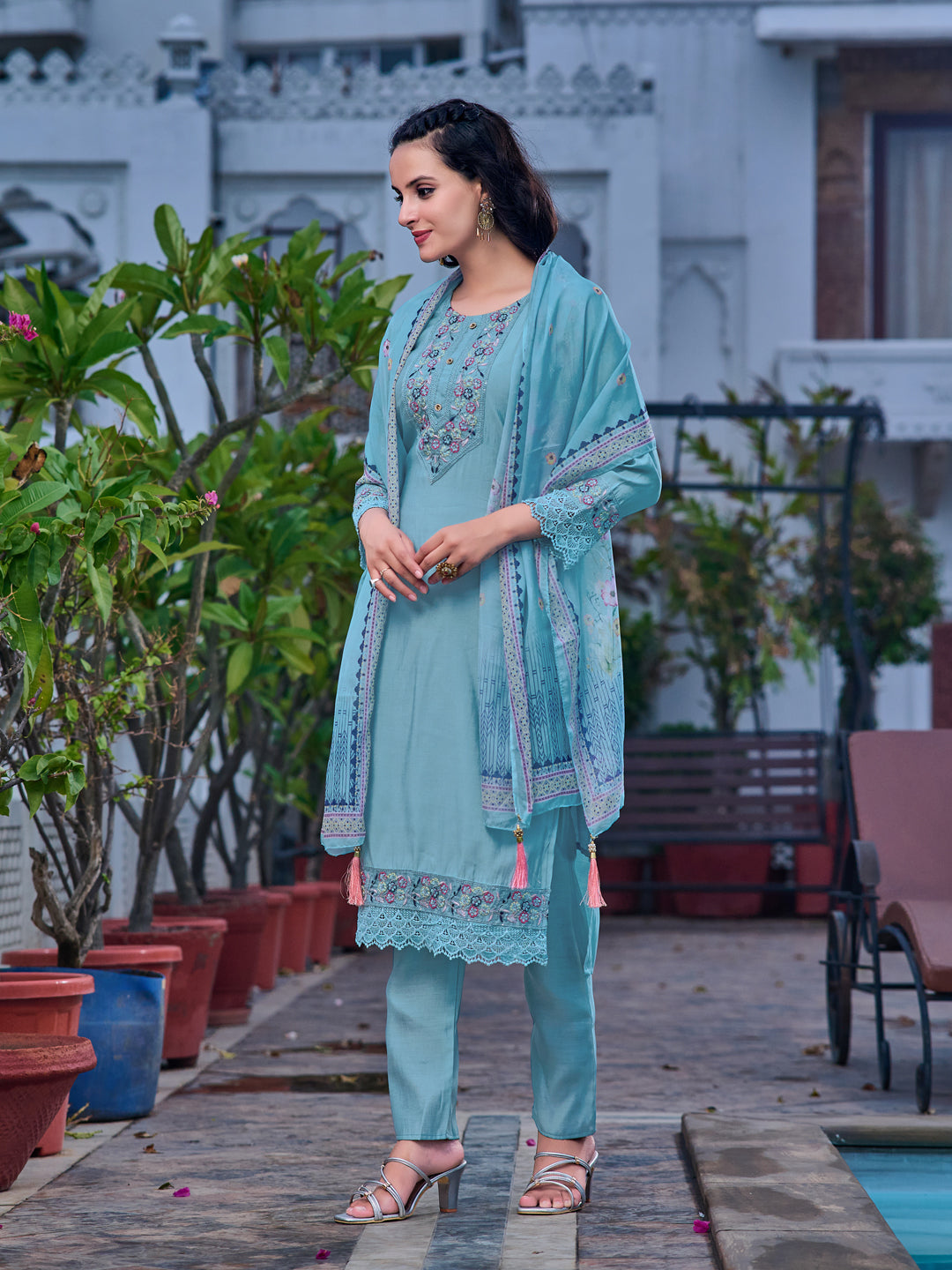 Embroidered Kurta With Pant & Printed Organza Dupatta, Blue - Hiral Fashion | Grocsy