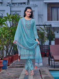 Embroidered Kurta With Pant & Printed Organza Dupatta, Blue - Hiral Fashion | Grocsy