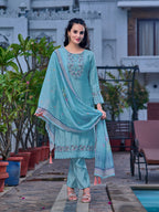 Embroidered Kurta With Pant & Printed Organza Dupatta, Blue - Hiral Fashion | Grocsy