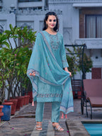Embroidered Kurta With Pant & Printed Organza Dupatta, Blue - Hiral Fashion | Grocsy