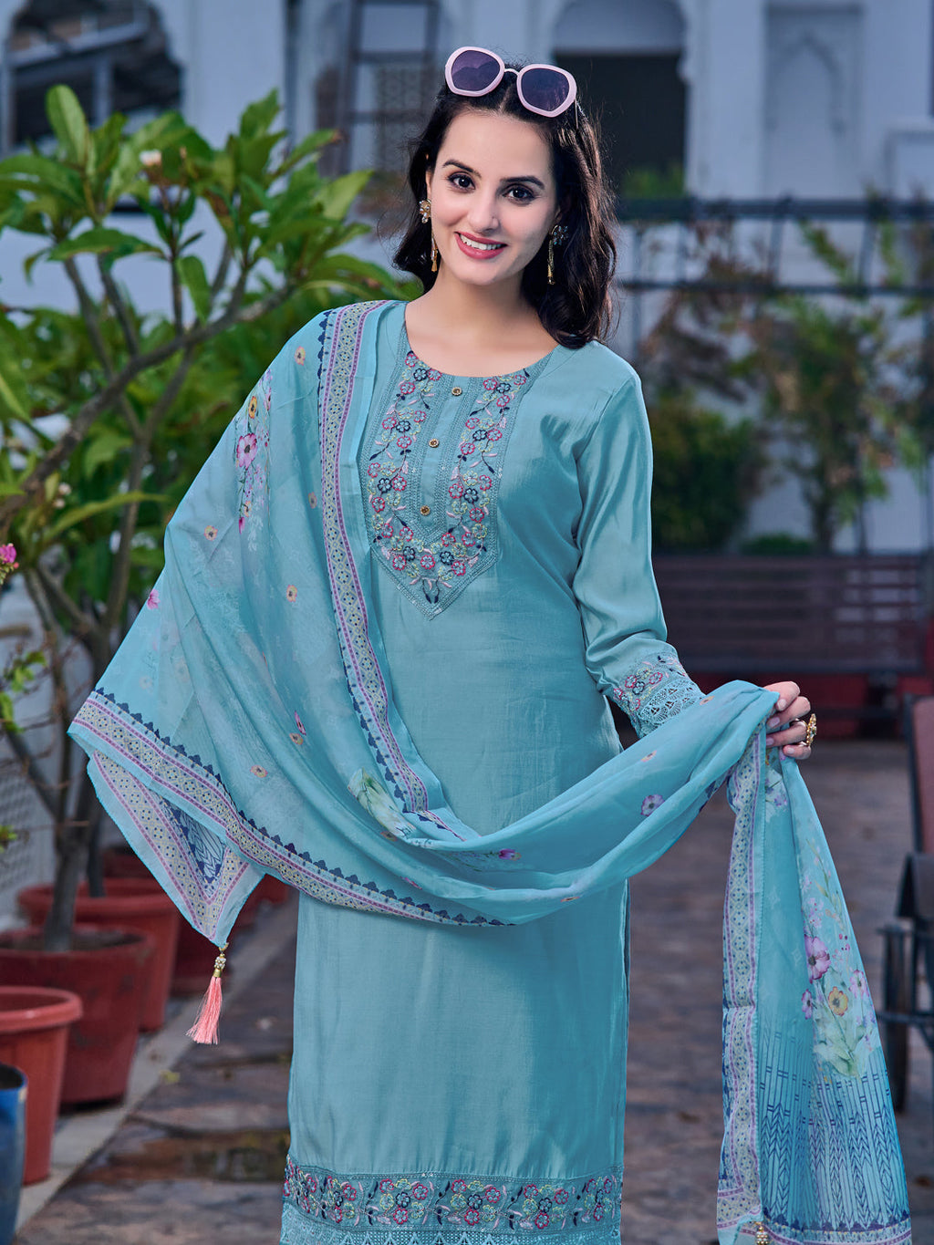 Embroidered Kurta With Pant & Printed Organza Dupatta, Blue - Hiral Fashion | Grocsy