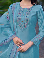 Embroidered Kurta With Pant & Printed Organza Dupatta, Blue - Hiral Fashion | Grocsy