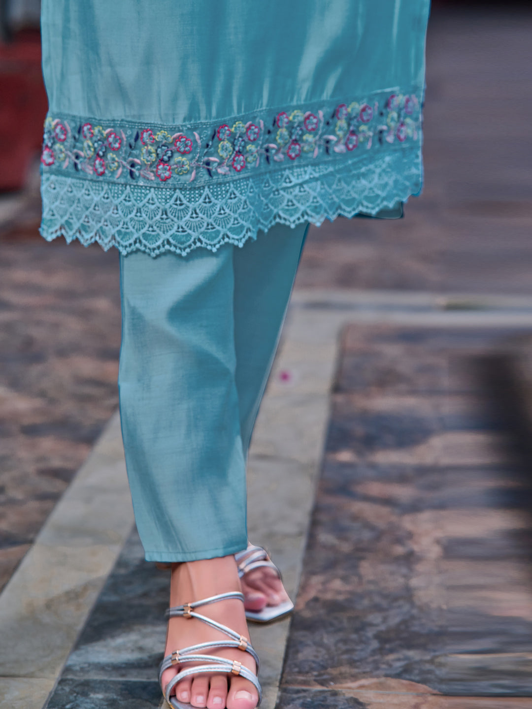 Embroidered Kurta With Pant & Printed Organza Dupatta, Blue - Hiral Fashion | Grocsy