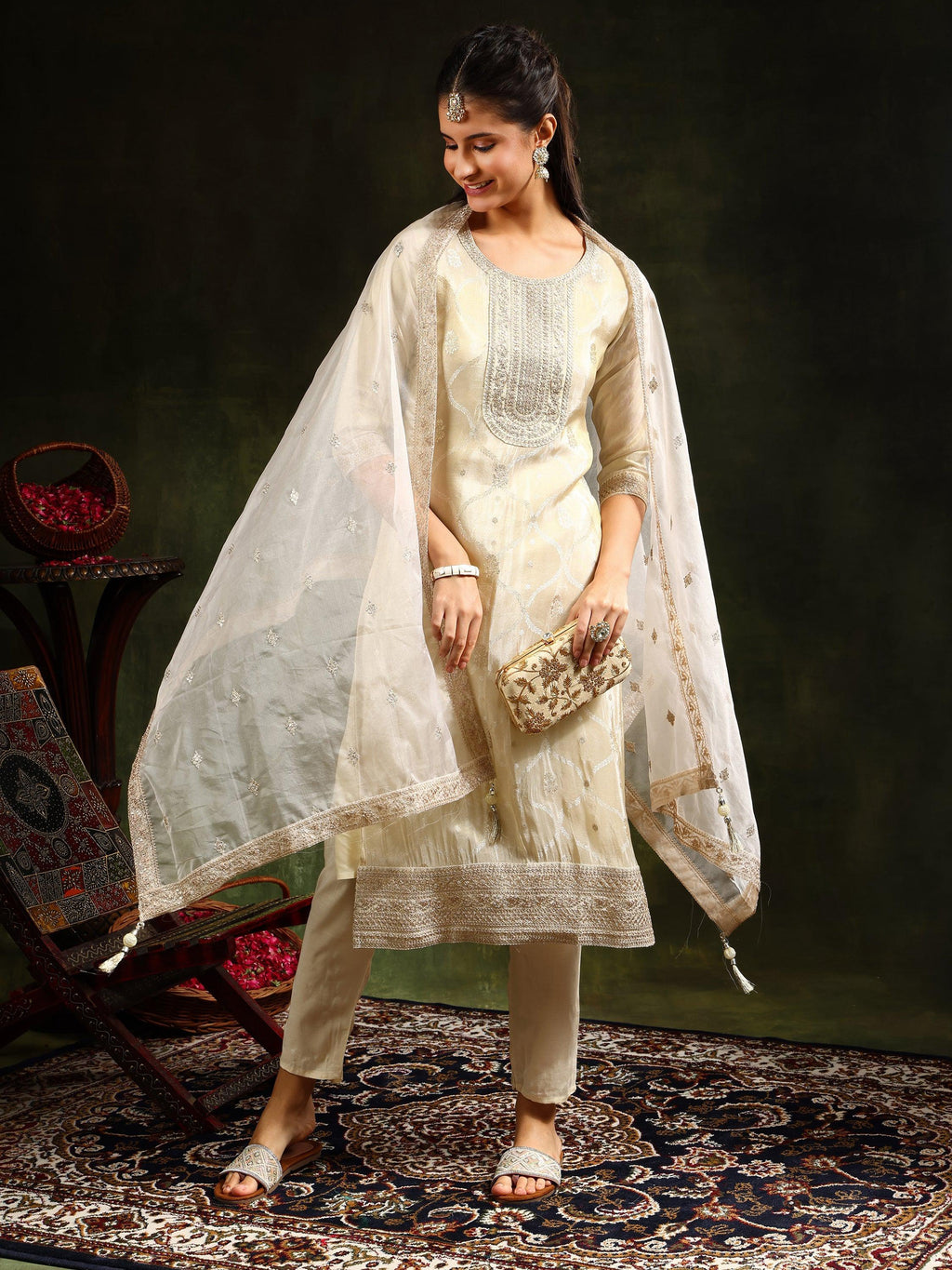 Embroidered & Banarasi Jacquard Kurta With Pant & Organza Embroidered Dupatta, Cream - Hiral Fashion | Grocsy