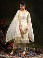 Embroidered & Banarasi Jacquard Kurta With Pant & Organza Embroidered Dupatta, Cream - Hiral Fashion | Grocsy