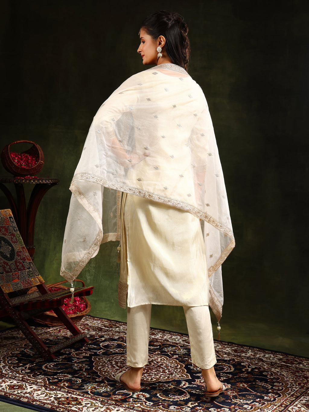 Embroidered & Banarasi Jacquard Kurta With Pant & Organza Embroidered Dupatta, Cream - Hiral Fashion | Grocsy