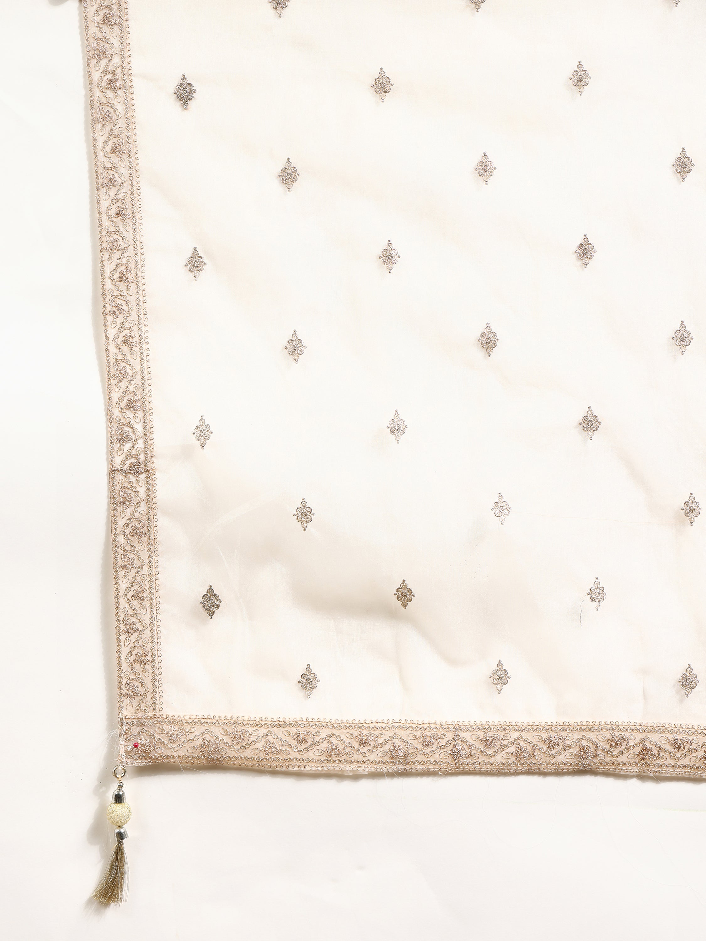 Embroidered & Banarasi Jacquard Kurta With Pant & Organza Embroidered Dupatta, Cream - Hiral Fashion | Grocsy