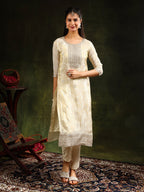 Embroidered & Banarasi Jacquard Kurta With Pant & Organza Embroidered Dupatta, Cream - Hiral Fashion | Grocsy