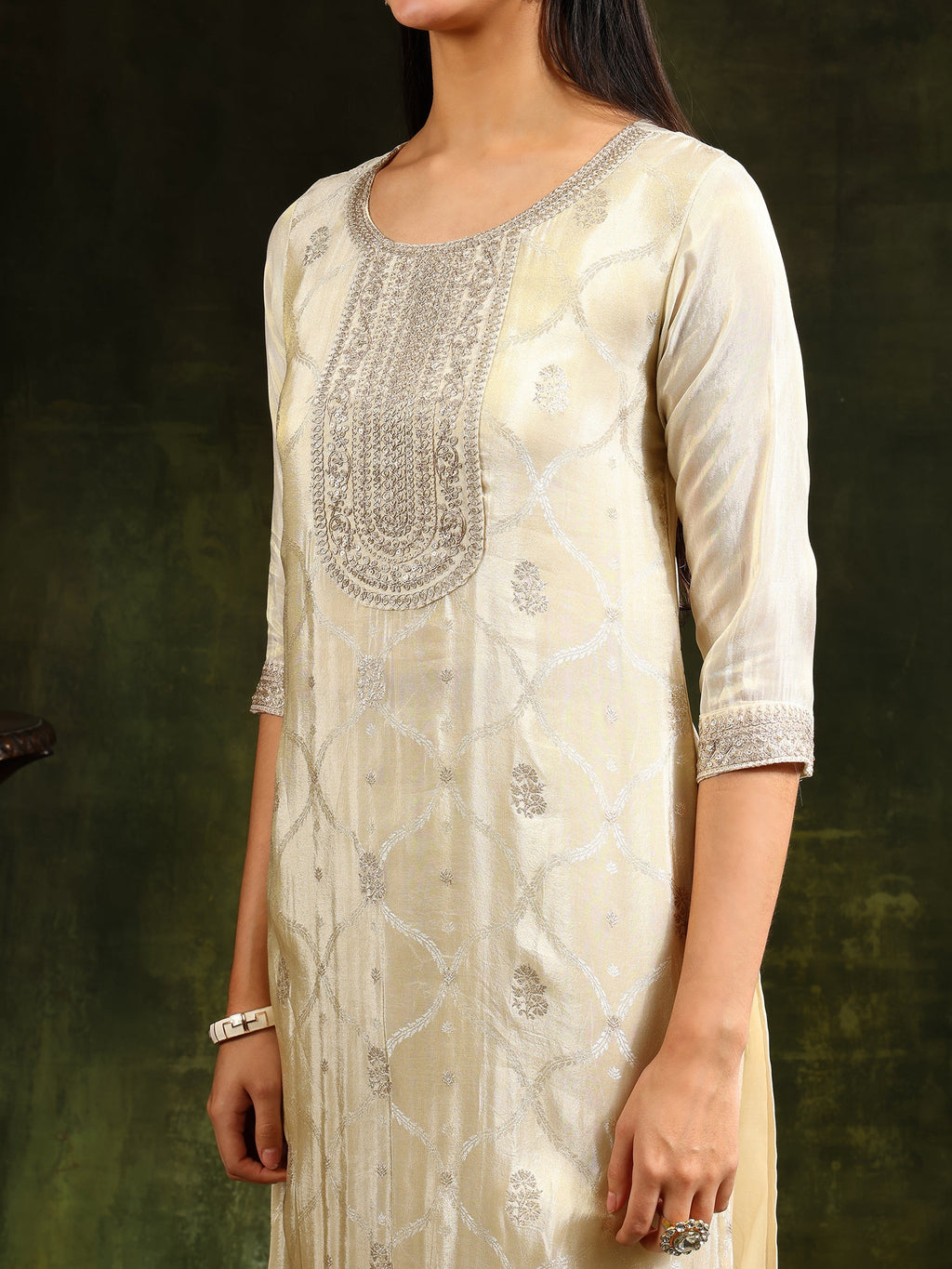 Embroidered & Banarasi Jacquard Kurta With Pant & Organza Embroidered Dupatta, Cream - Hiral Fashion | Grocsy