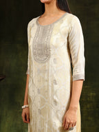 Embroidered & Banarasi Jacquard Kurta With Pant & Organza Embroidered Dupatta, Cream - Hiral Fashion | Grocsy