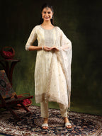 Embroidered & Banarasi Jacquard Kurta With Pant & Organza Embroidered Dupatta, Cream - Hiral Fashion | Grocsy