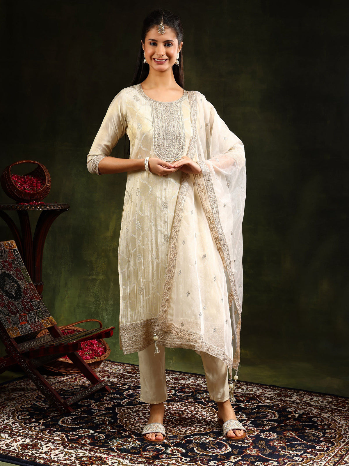 Embroidered & Banarasi Jacquard Kurta With Pant & Organza Embroidered Dupatta, Cream - Hiral Fashion | Grocsy