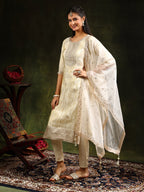 Embroidered & Banarasi Jacquard Kurta With Pant & Organza Embroidered Dupatta, Cream - Hiral Fashion | Grocsy