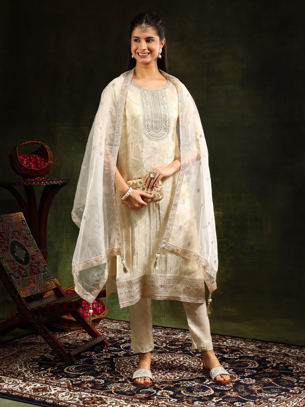 Embroidered & Banarasi Jacquard Kurta With Pant & Organza Embroidered Dupatta, Cream - Hiral Fashion | Grocsy