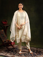Embroidered & Banarasi Jacquard Kurta With Pant & Organza Embroidered Dupatta, Cream - Hiral Fashion | Grocsy