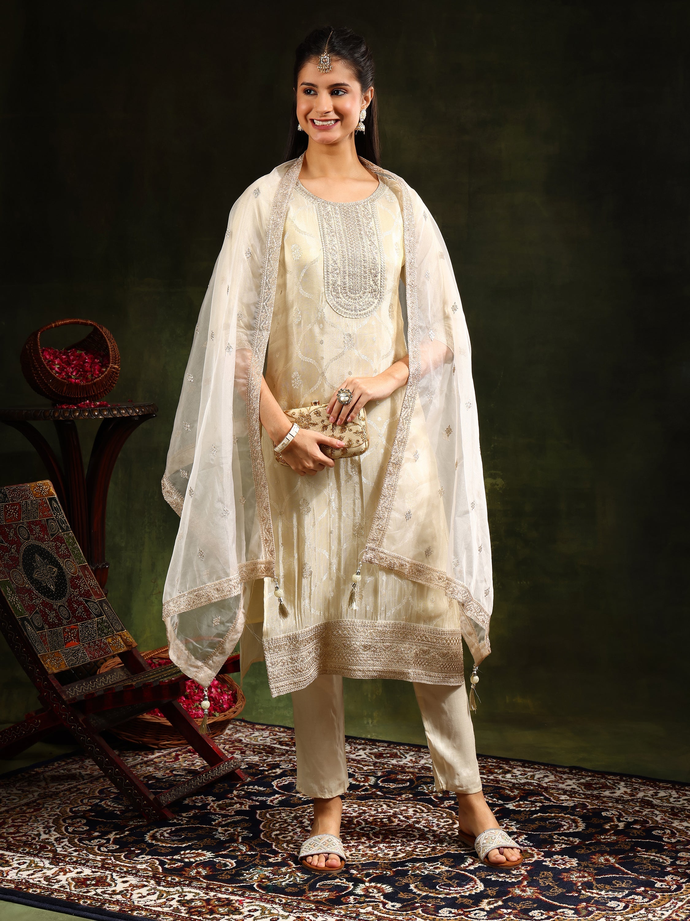 Embroidered & Banarasi Jacquard Kurta With Pant & Organza Embroidered Dupatta, Cream - Hiral Fashion | Grocsy