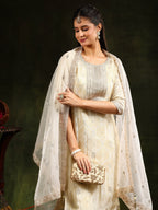 Embroidered & Banarasi Jacquard Kurta With Pant & Organza Embroidered Dupatta, Cream - Hiral Fashion | Grocsy