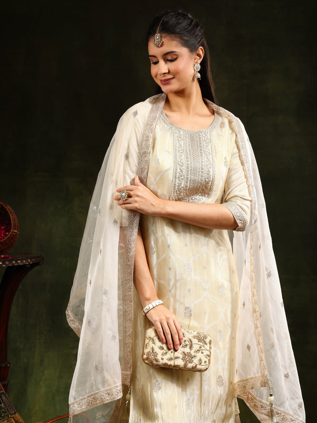 Embroidered & Banarasi Jacquard Kurta With Pant & Organza Embroidered Dupatta, Cream - Hiral Fashion | Grocsy