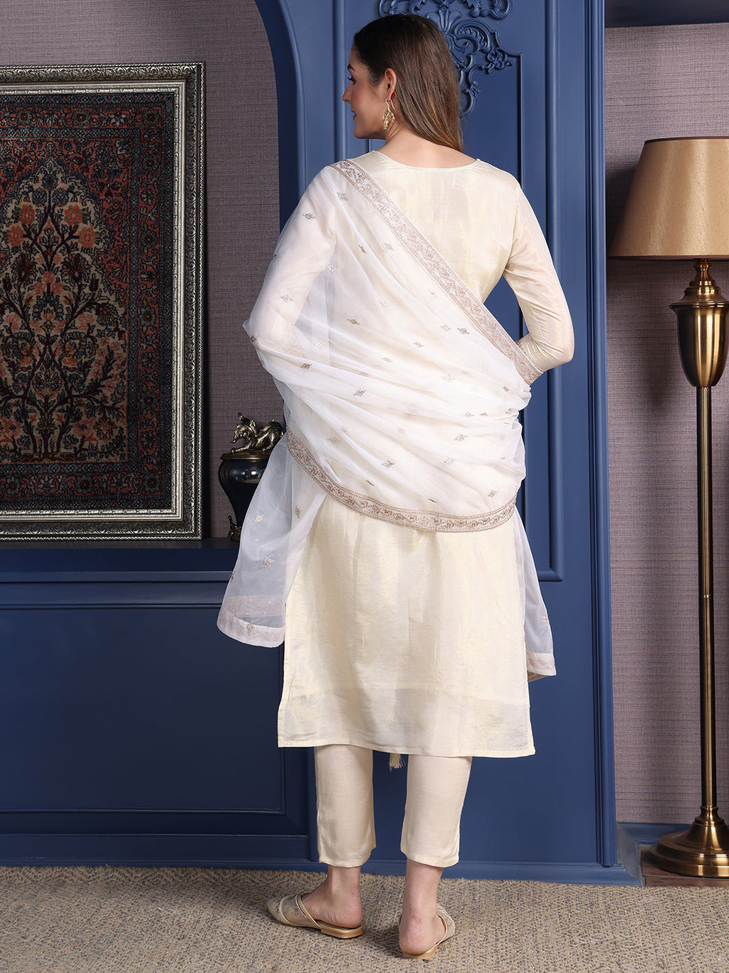 Embroidered Banarasi Jacquard Kurta With Pant & Embroidered Dupatta, Cream - Hiral Fashion | Grocsy
