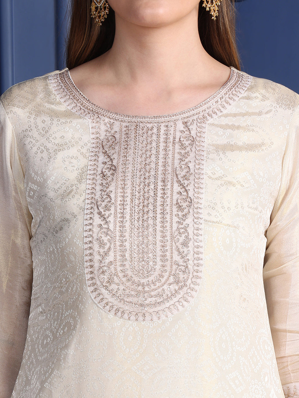 Embroidered Banarasi Jacquard Kurta With Pant & Embroidered Dupatta, Cream - Hiral Fashion | Grocsy
