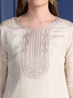 Embroidered Banarasi Jacquard Kurta With Pant & Embroidered Dupatta, Cream - Hiral Fashion | Grocsy