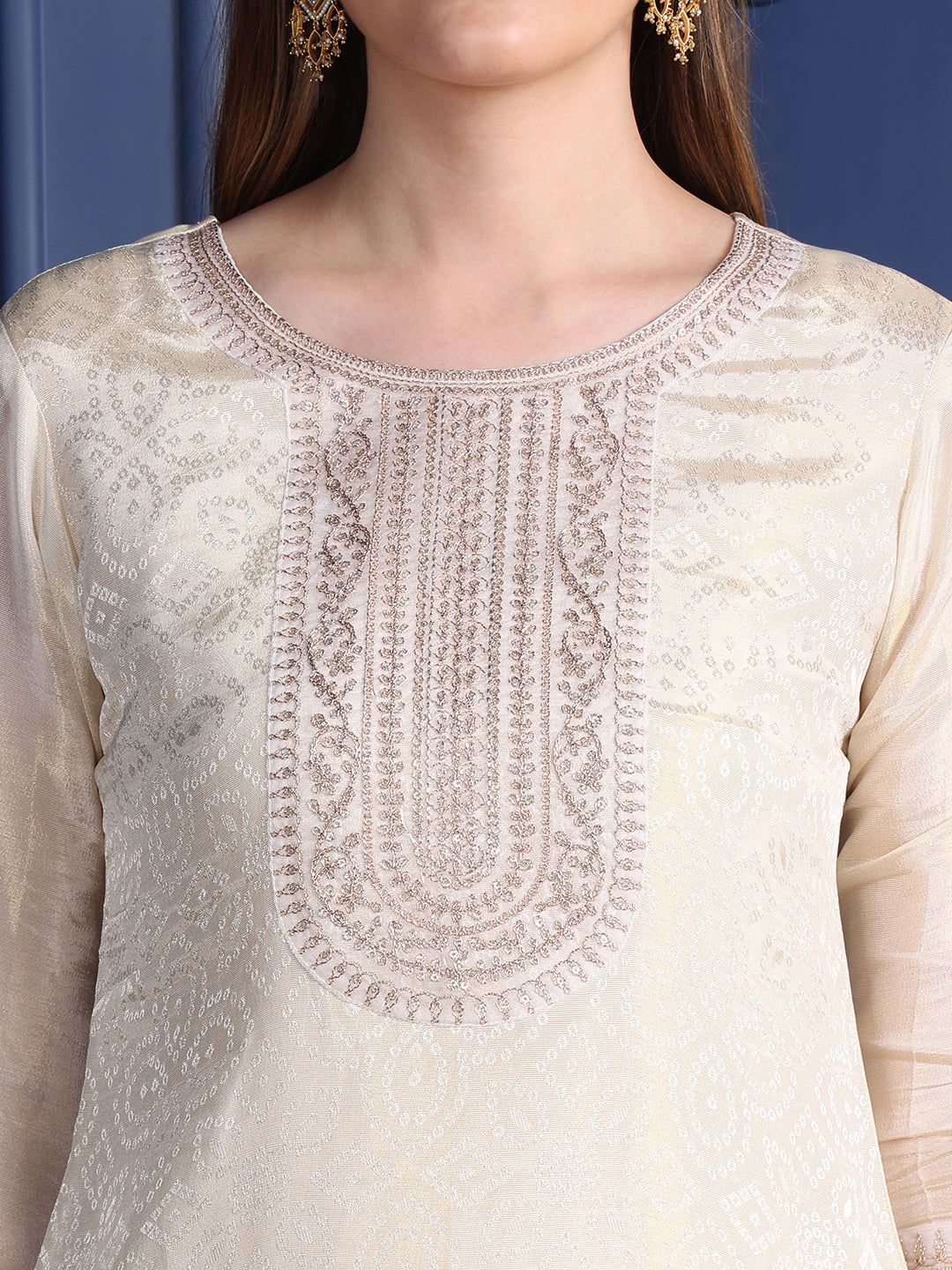 Embroidered Banarasi Jacquard Kurta With Pant & Embroidered Dupatta, Cream - Hiral Fashion | Grocsy