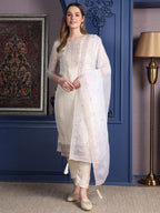 Embroidered Banarasi Jacquard Kurta With Pant & Embroidered Dupatta, Cream - Hiral Fashion | Grocsy