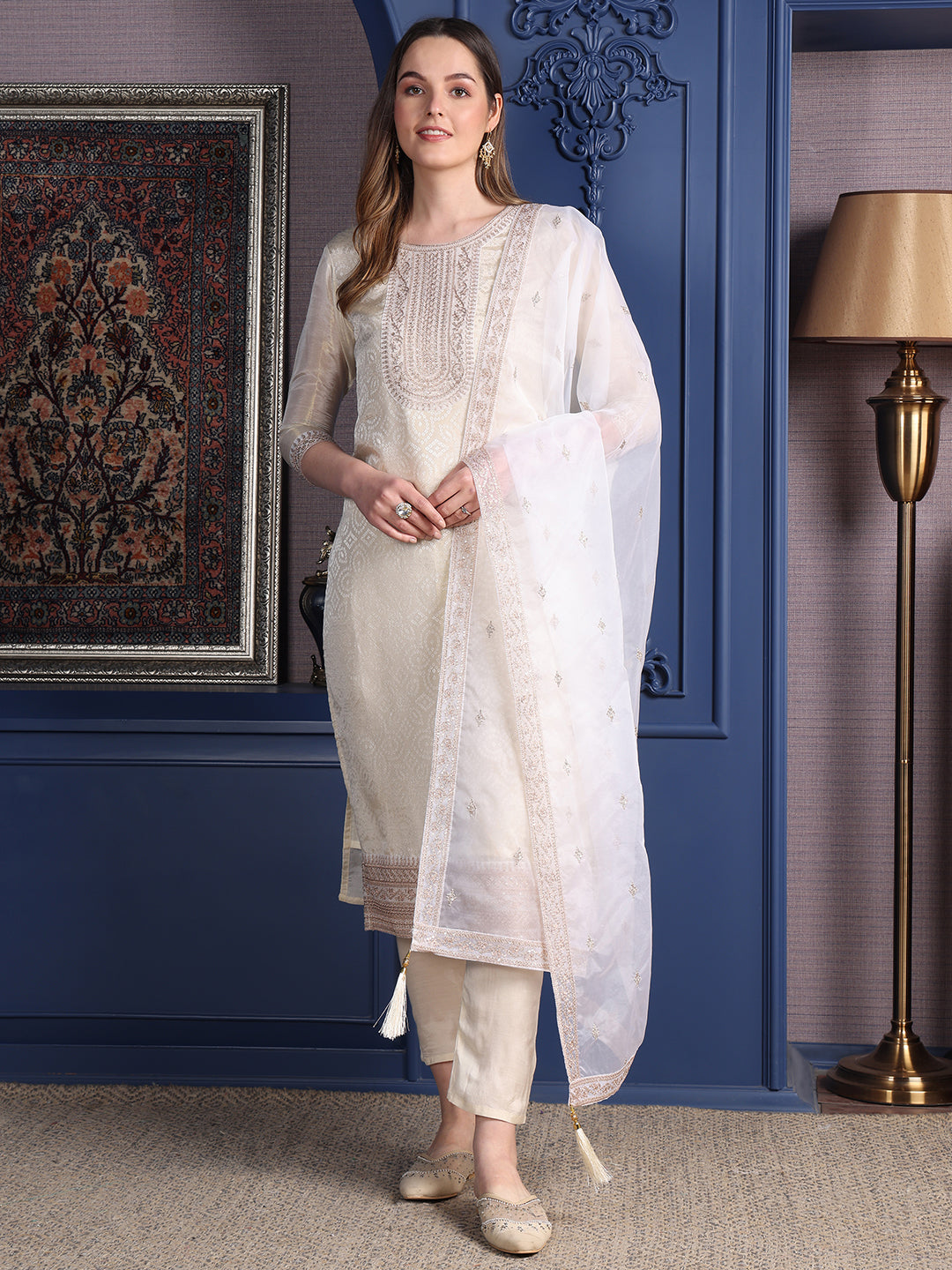 Embroidered Banarasi Jacquard Kurta With Pant & Embroidered Dupatta, Cream - Hiral Fashion | Grocsy