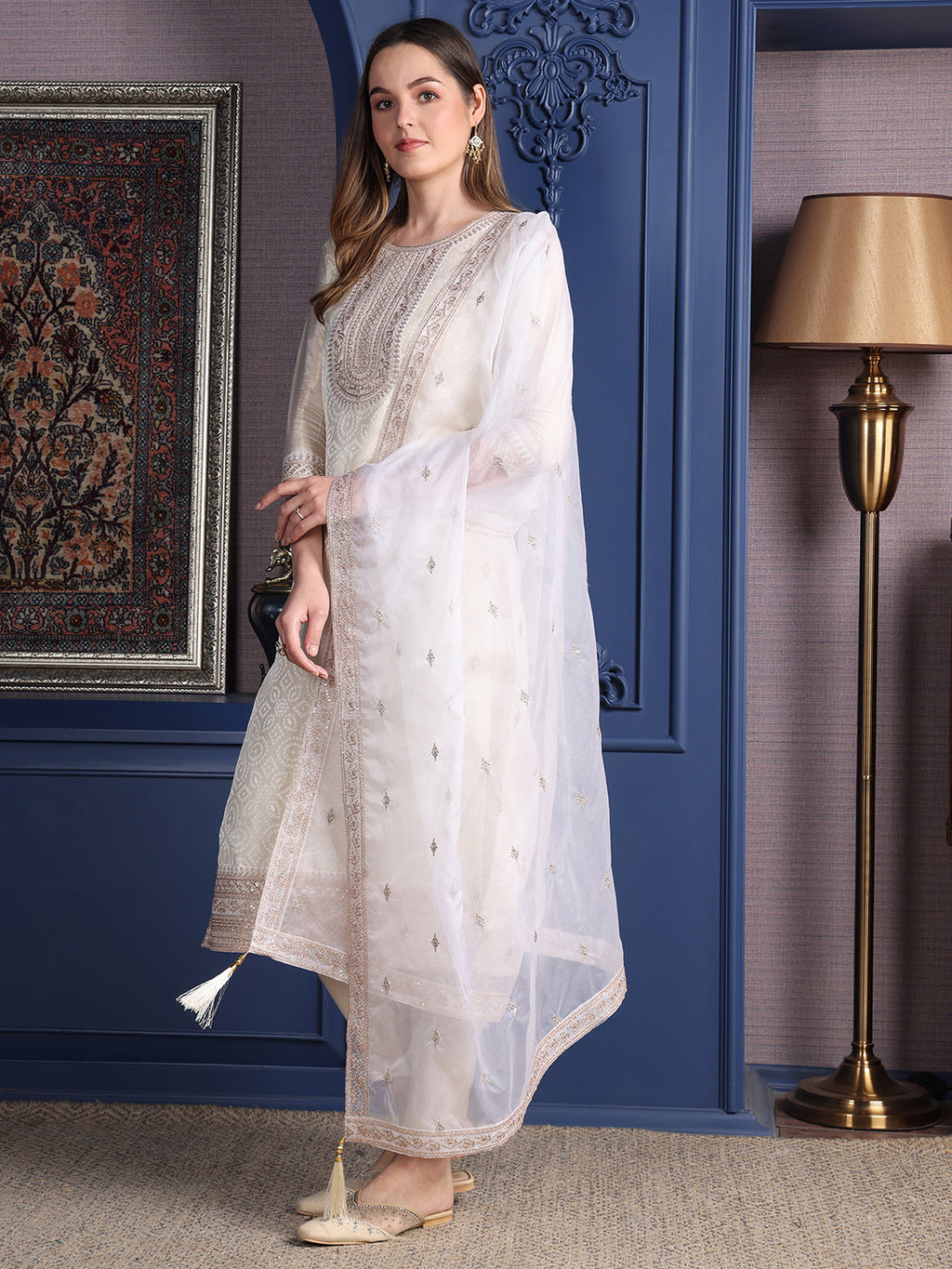 Embroidered Banarasi Jacquard Kurta With Pant & Embroidered Dupatta, Cream - Hiral Fashion | Grocsy