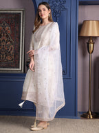 Embroidered Banarasi Jacquard Kurta With Pant & Embroidered Dupatta, Cream - Hiral Fashion | Grocsy