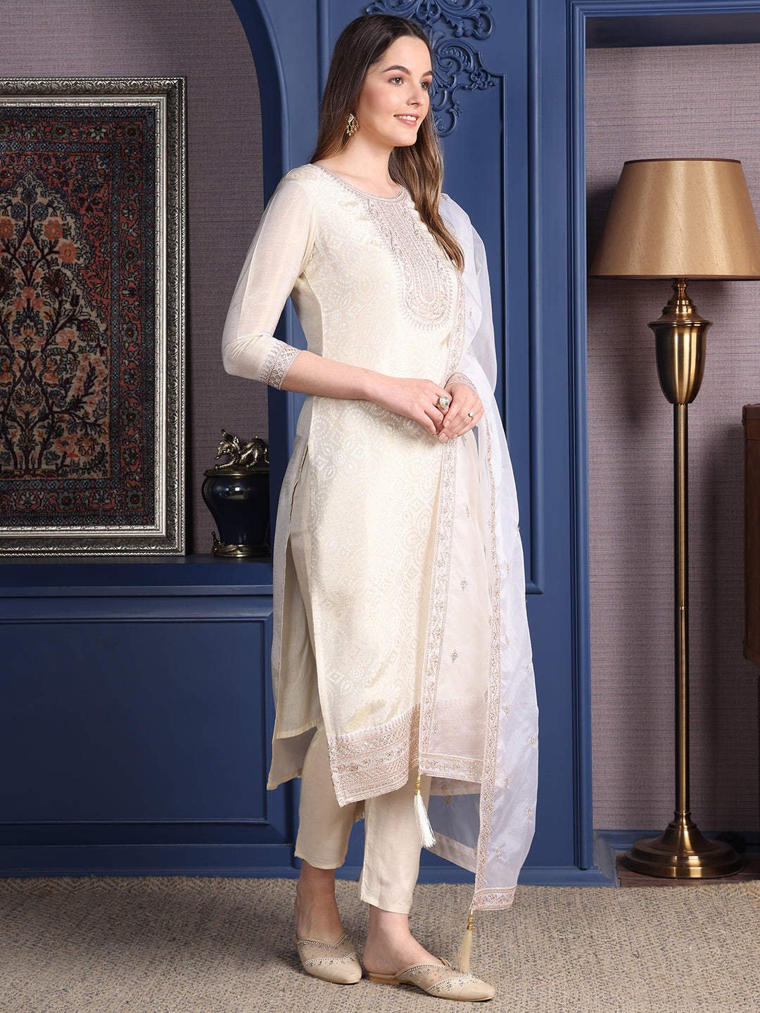 Embroidered Banarasi Jacquard Kurta With Pant & Embroidered Dupatta, Cream - Hiral Fashion | Grocsy