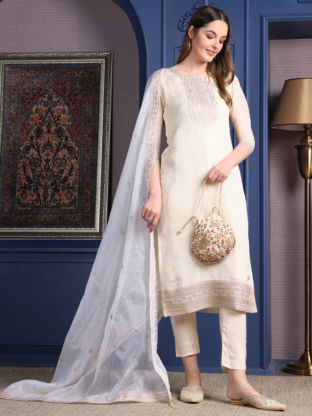 Embroidered Banarasi Jacquard Kurta With Pant & Embroidered Dupatta, Cream - Hiral Fashion | Grocsy
