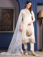 Embroidered Banarasi Jacquard Kurta With Pant & Embroidered Dupatta, Cream - Hiral Fashion | Grocsy