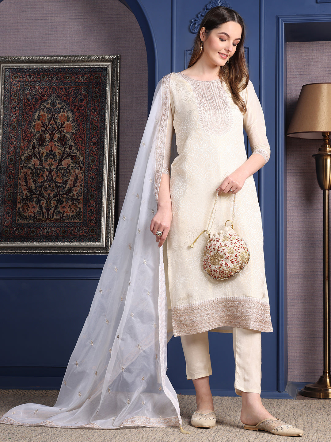 Embroidered Banarasi Jacquard Kurta With Pant & Embroidered Dupatta, Cream - Hiral Fashion | Grocsy