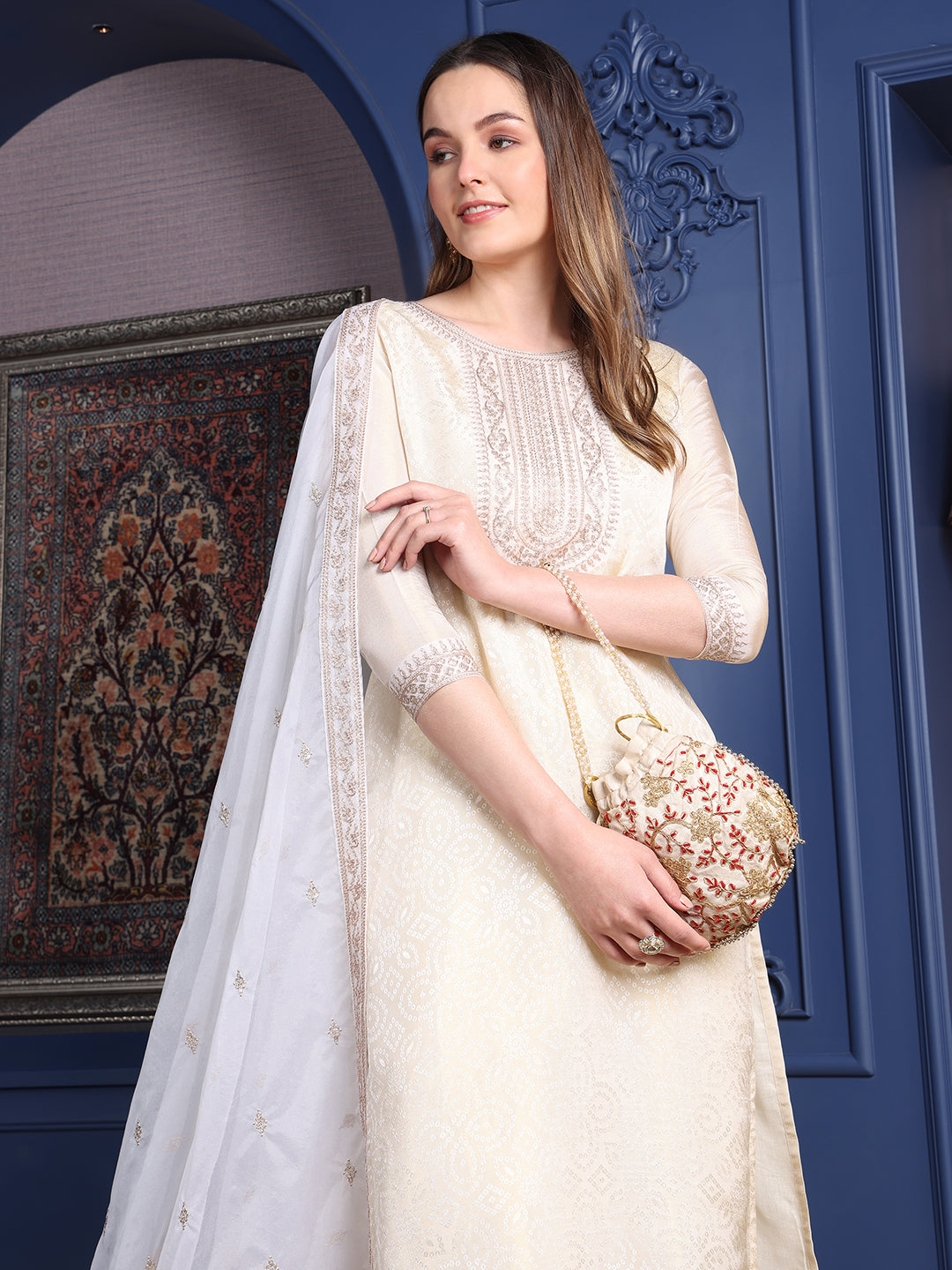 Embroidered Banarasi Jacquard Kurta With Pant & Embroidered Dupatta, Cream - Hiral Fashion | Grocsy