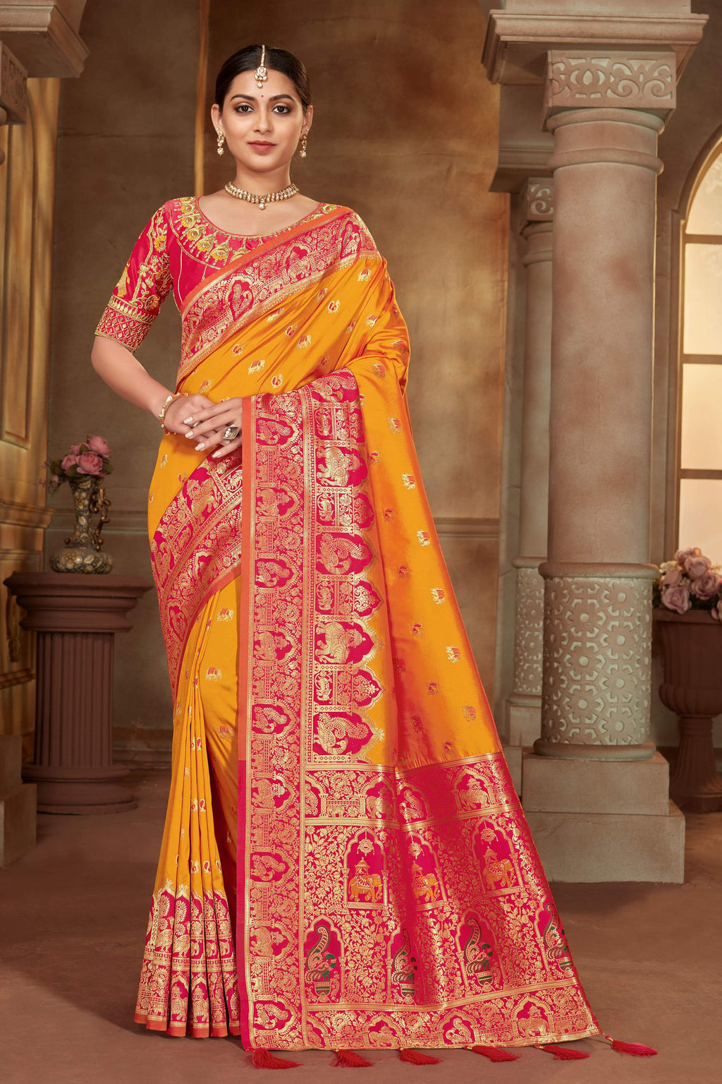 MANOHARI Banarasi Silk Blend Jacquard Work Saree - Yellow | Grocsy