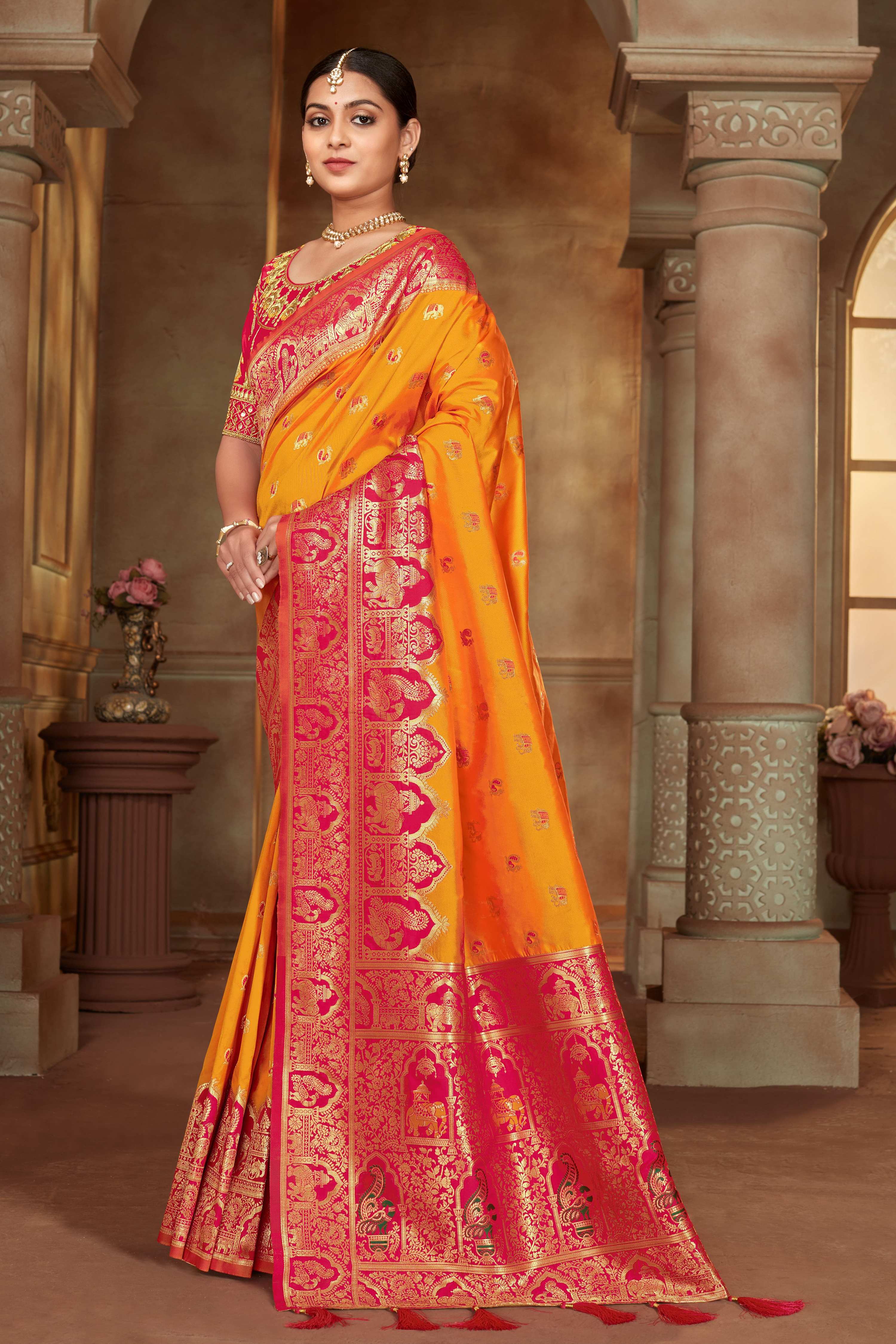 MANOHARI Banarasi Silk Blend Jacquard Work Saree - Yellow | Grocsy