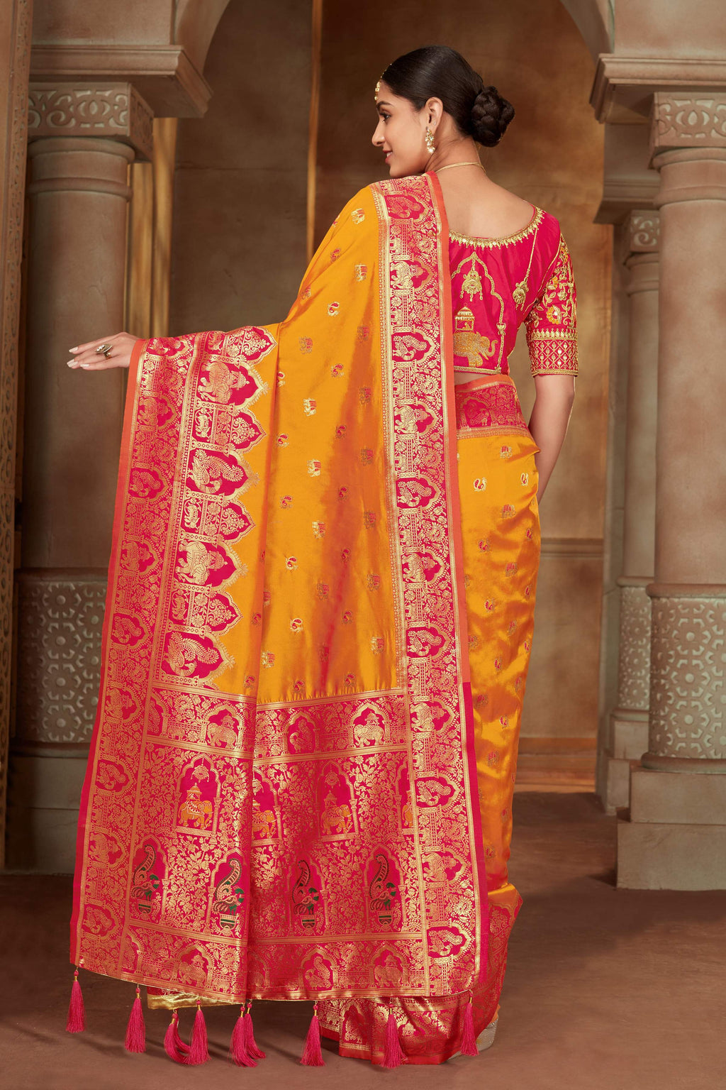 MANOHARI Banarasi Silk Blend Jacquard Work Saree - Yellow | Grocsy