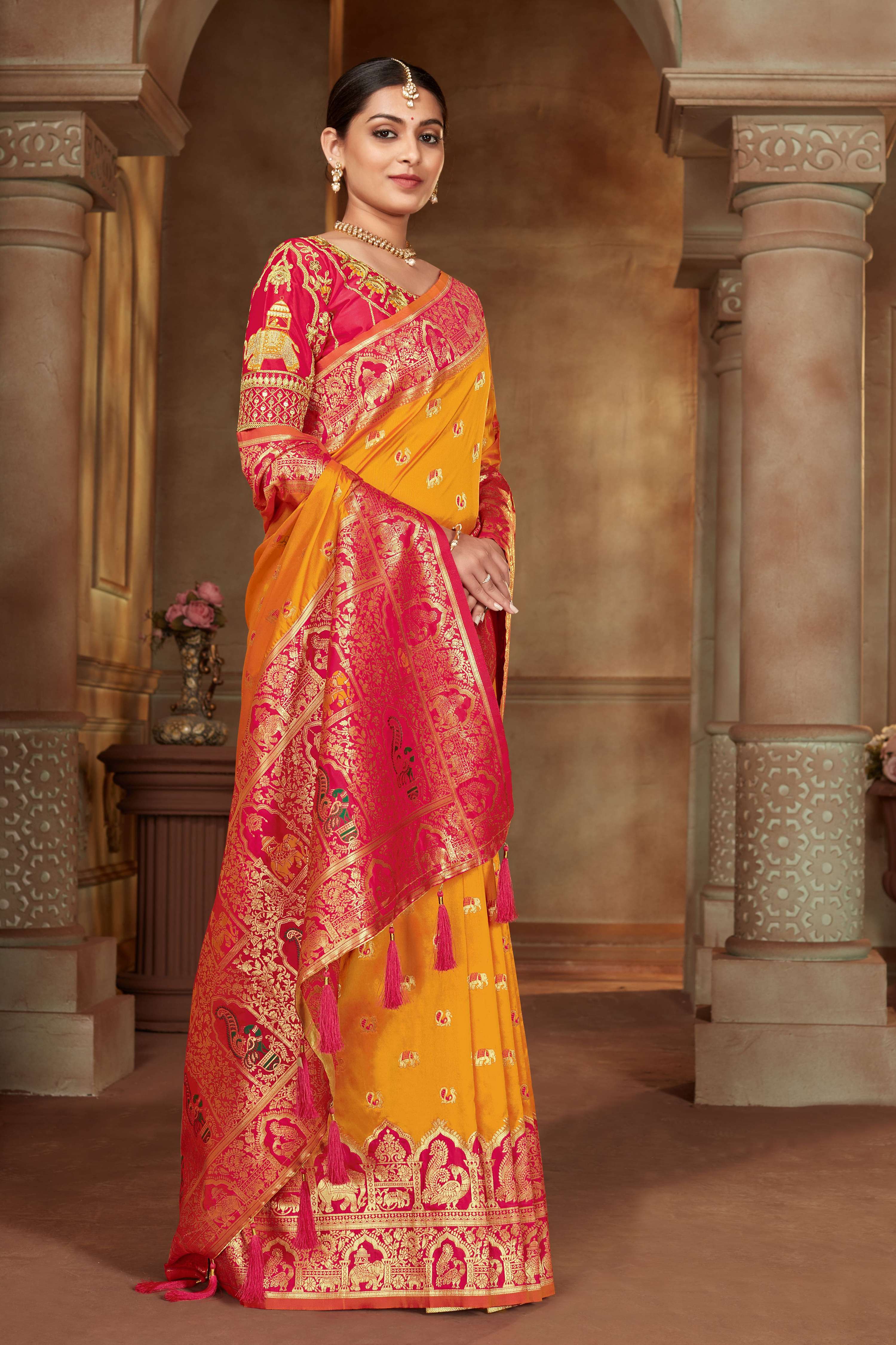 MANOHARI Banarasi Silk Blend Jacquard Work Saree - Yellow | Grocsy